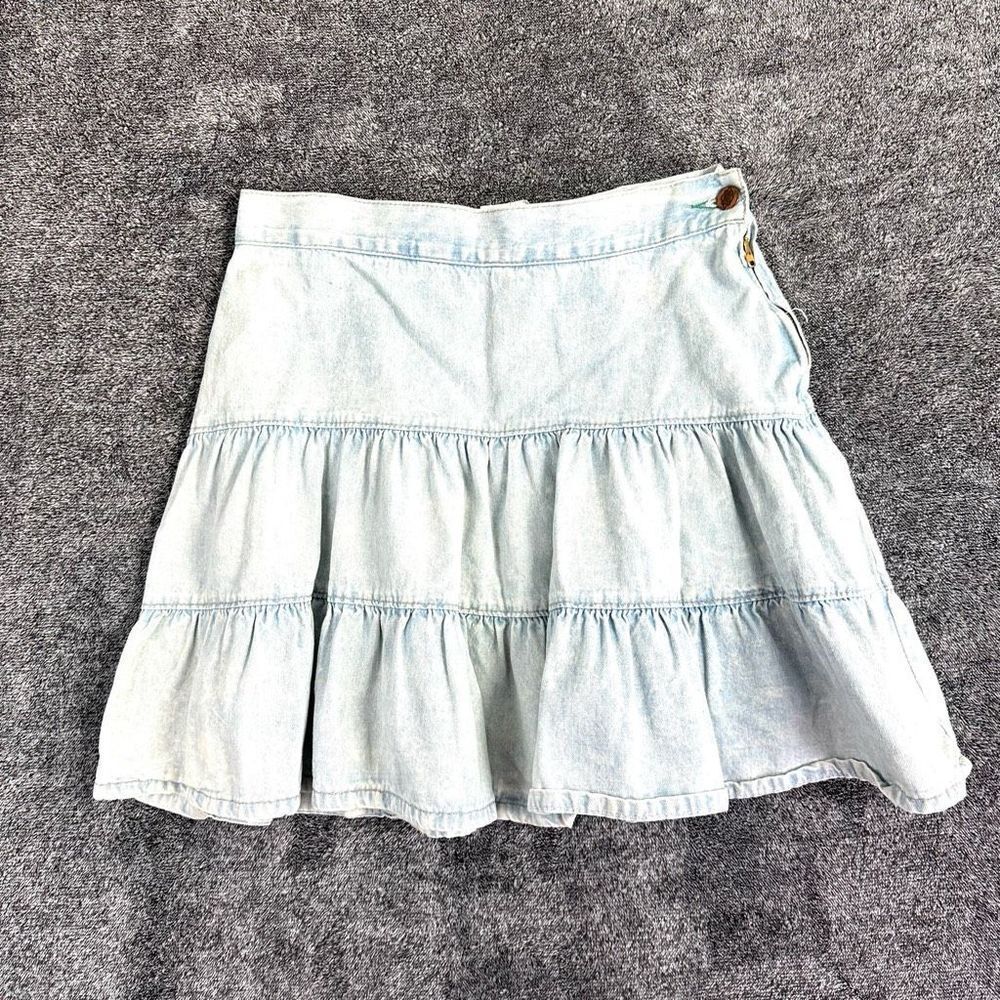 Vintage Bongo Denim Mini Skirt Women’s 9 Made in USA Tiered Light Wash.